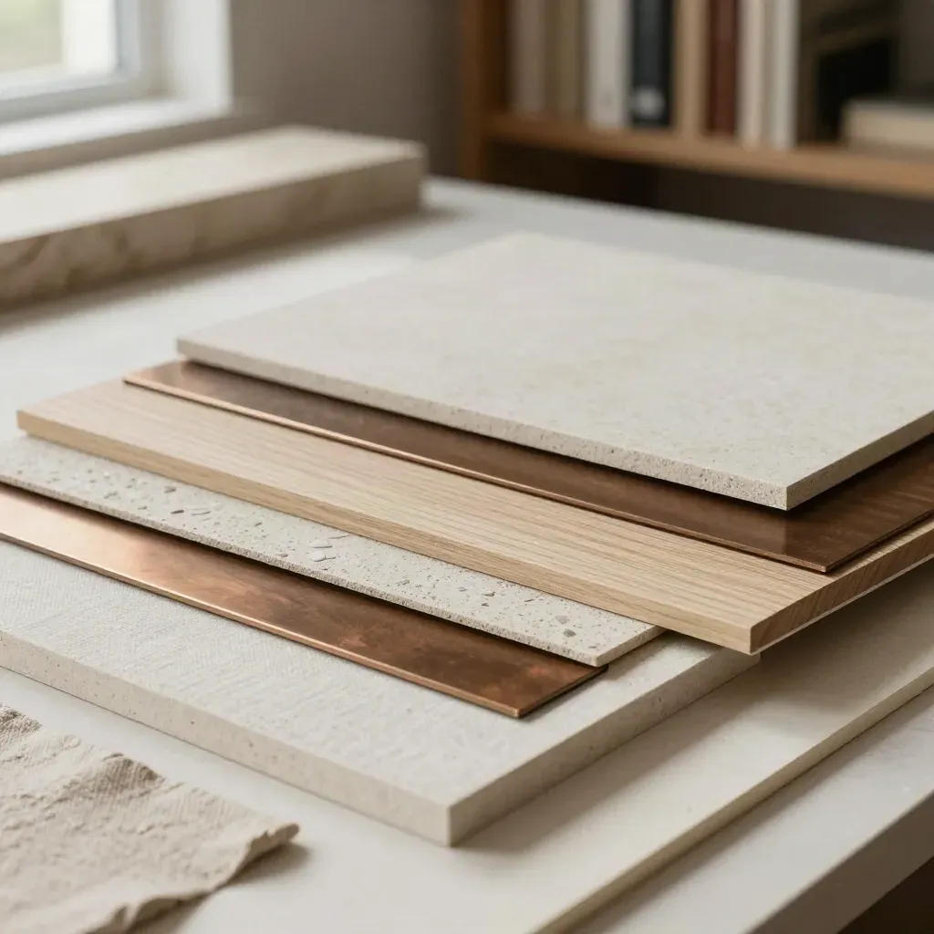 Tavola materiali stratificata con lino, rovere, intonaco e pietra chiara su fondo avorio.