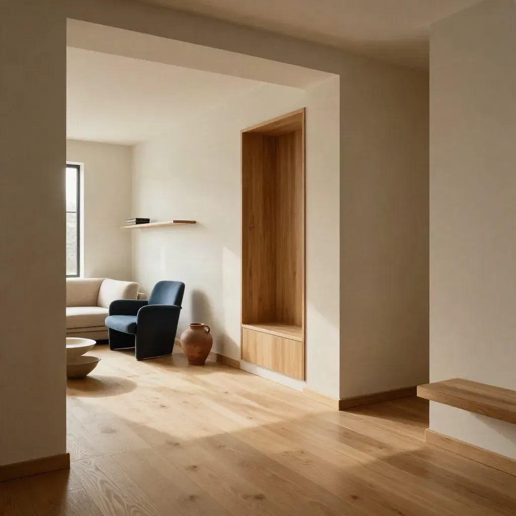Appartamento aperto con nicchia studio integrata, pavimento in rovere chiaro e accento blu ardesia.