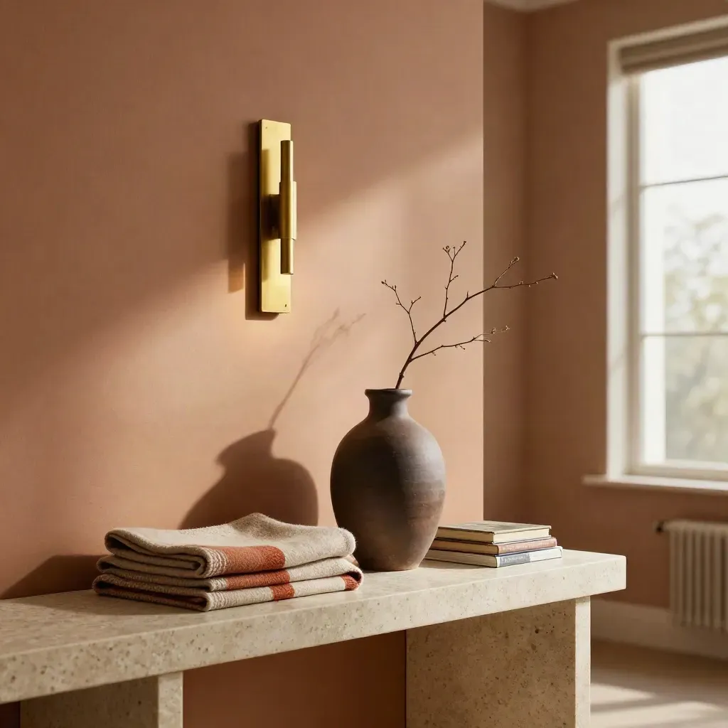 Angolo living con applique, vaso opaco, plaid di lana e ramo secco in luce calda