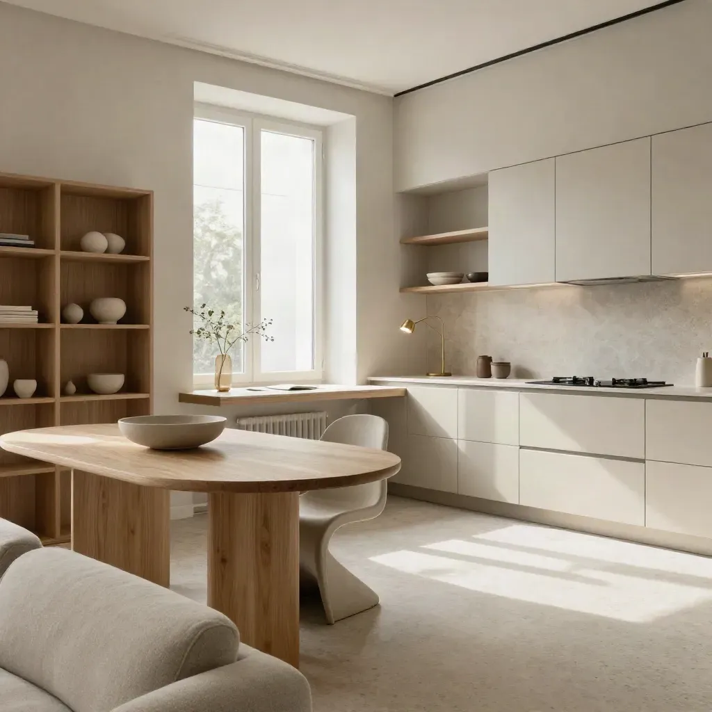 Bilocale luminoso con cucina chiara, tavolo ovale e studio vicino alla finestra.