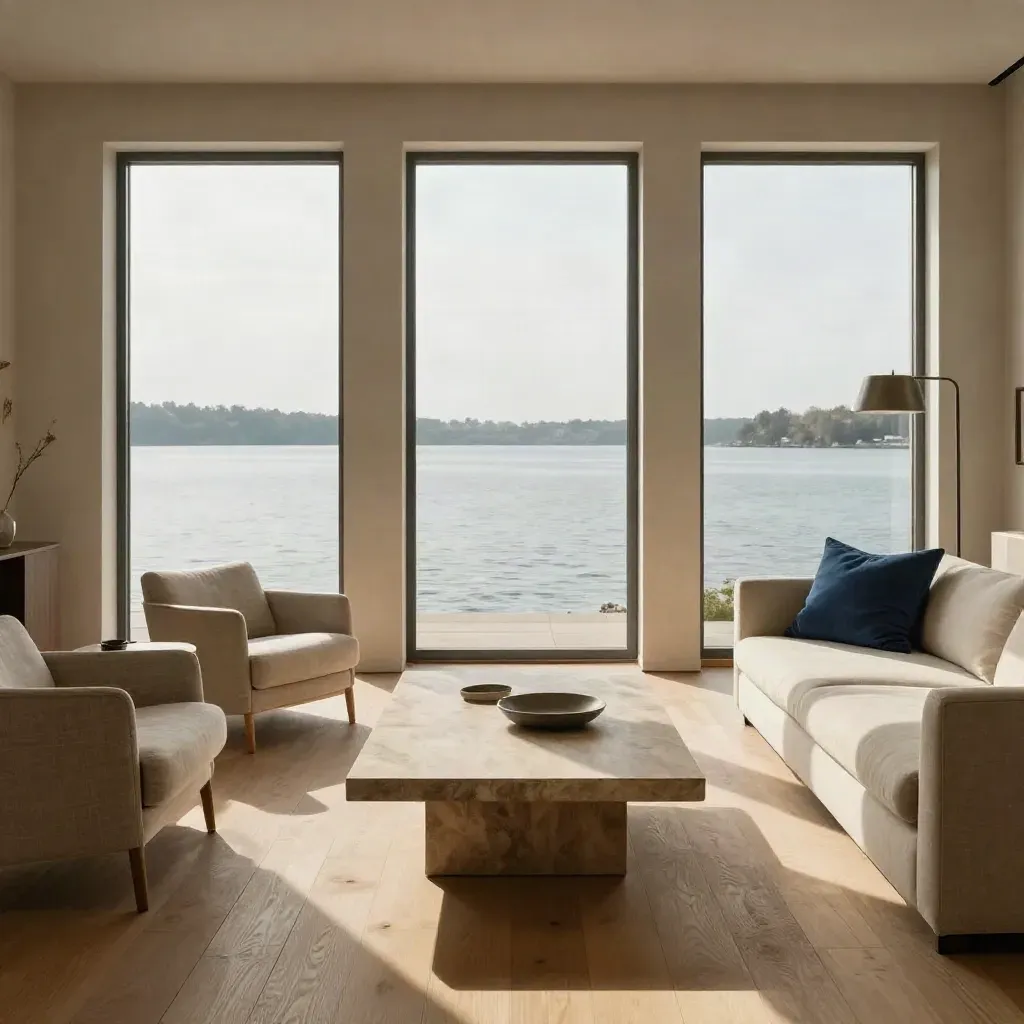 Soggiorno vista lago con tre aperture, tavolino in pietra e sedute leggere in stile moderno.