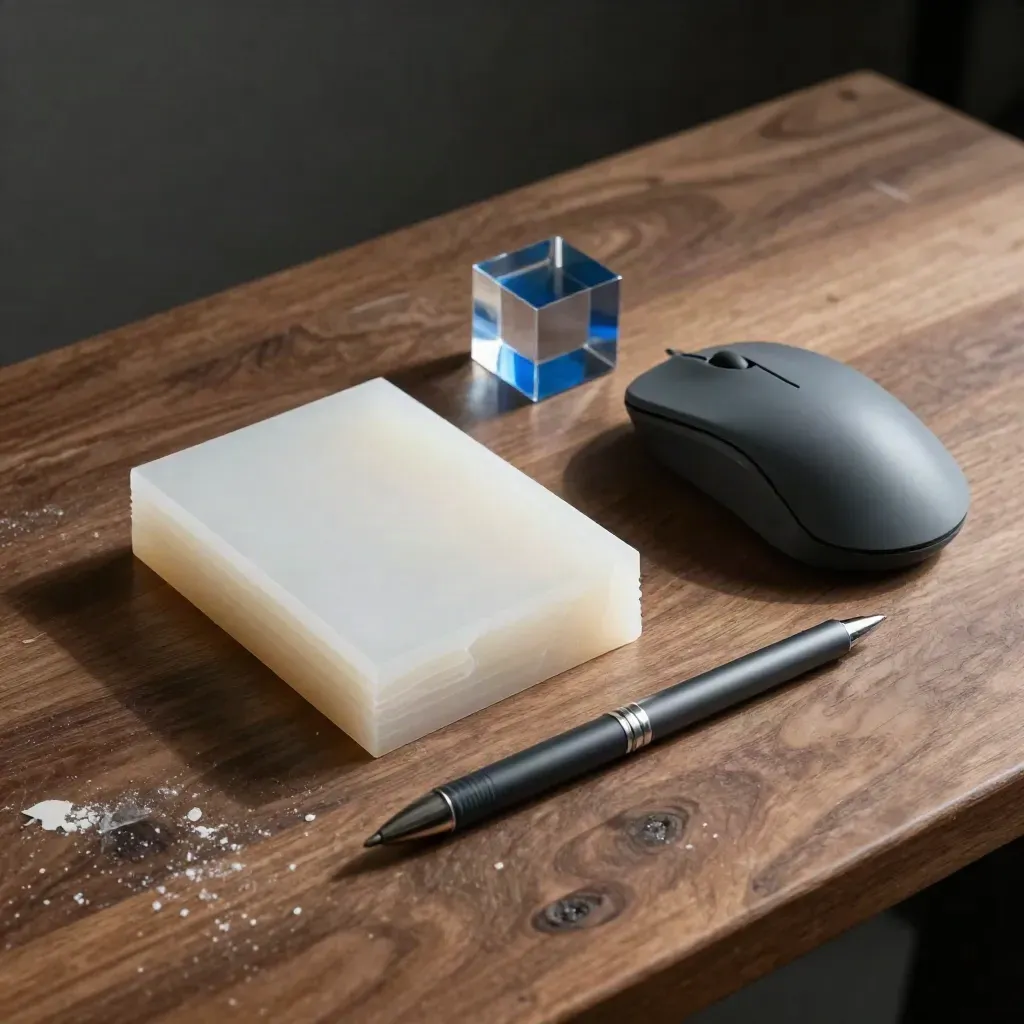 Modello 3D in resina, mouse 3D e penna grafica su banco scuro, luce radente blu ardesia.