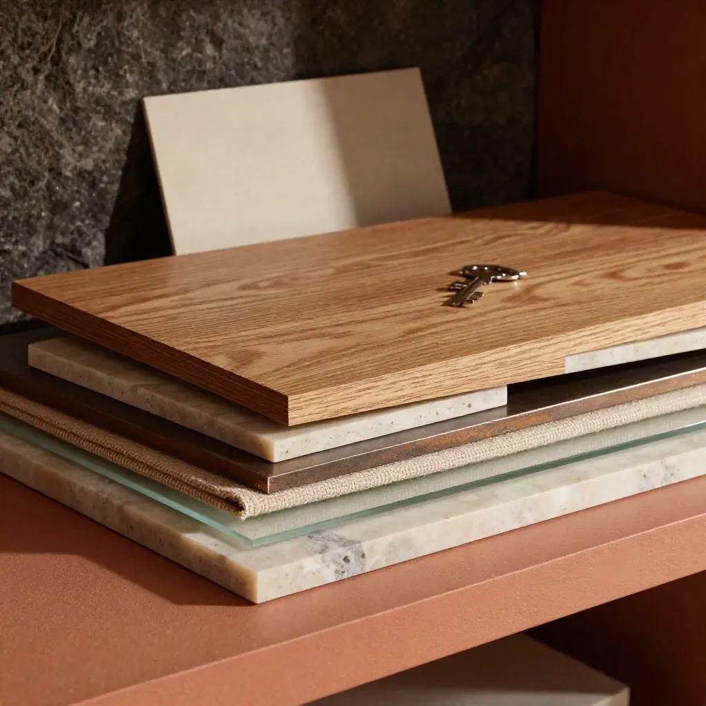 Campioni materiali sovrapposti in biblioteca materica, luce drammatica e ombre profonde.