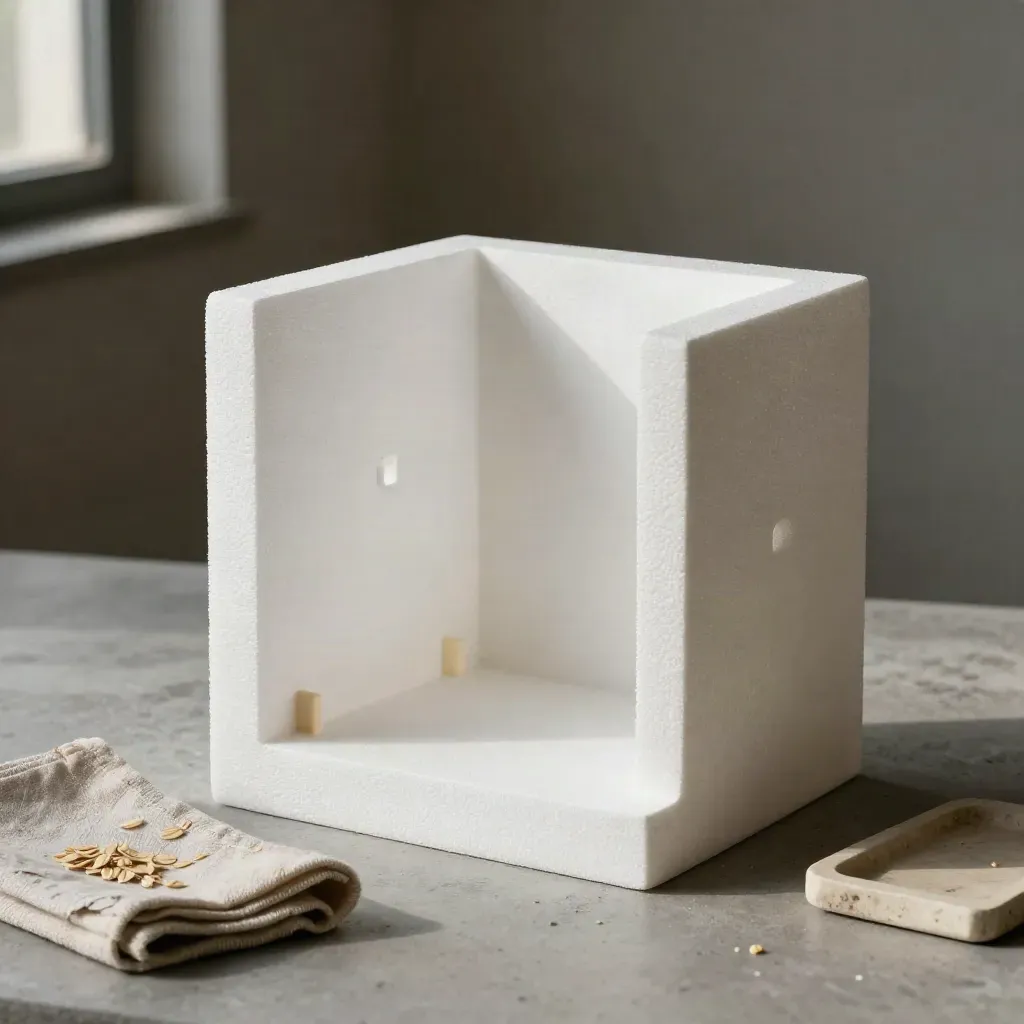 Modello architettonico in foamboard su base in pietra, con luce morbida e ombre sottili.