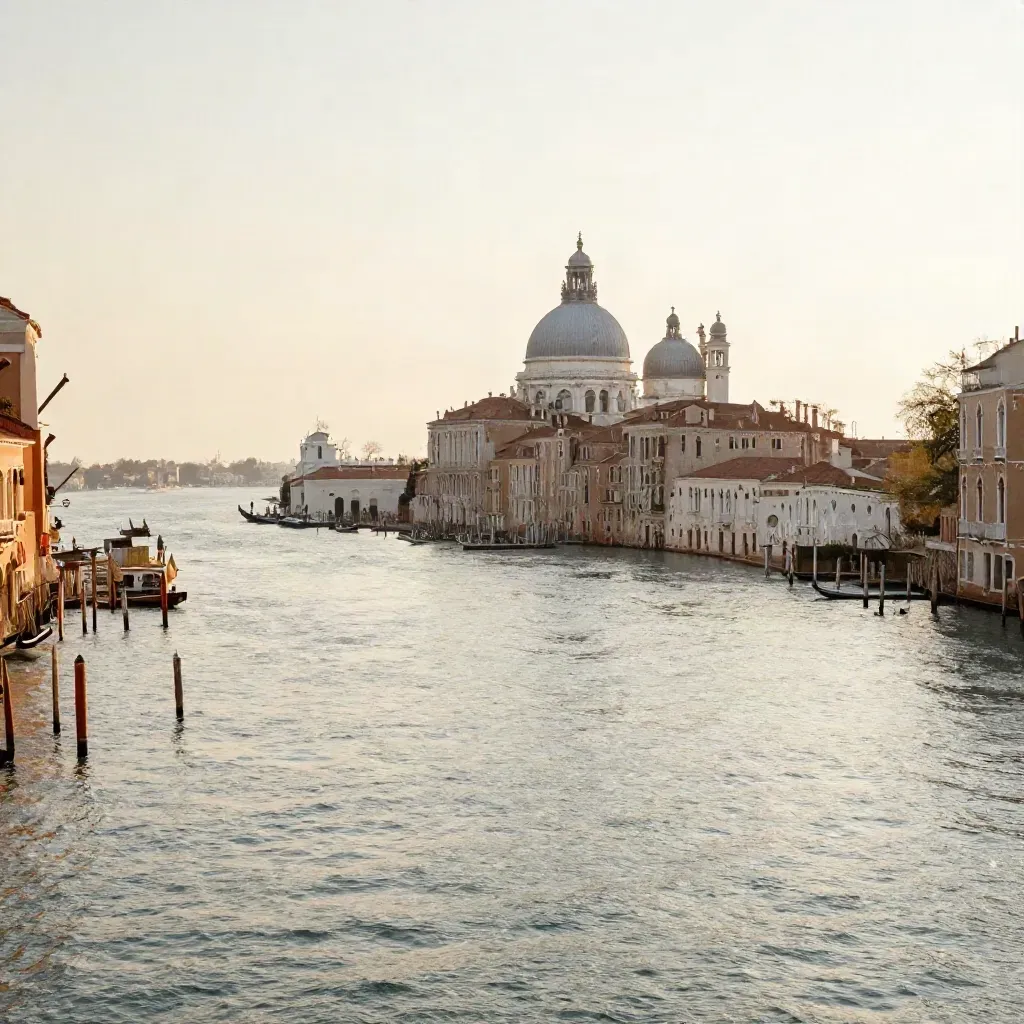 Laguna veneziana al tramonto, basilica alta sull’orizzonte e acqua lattiginosa in calma.